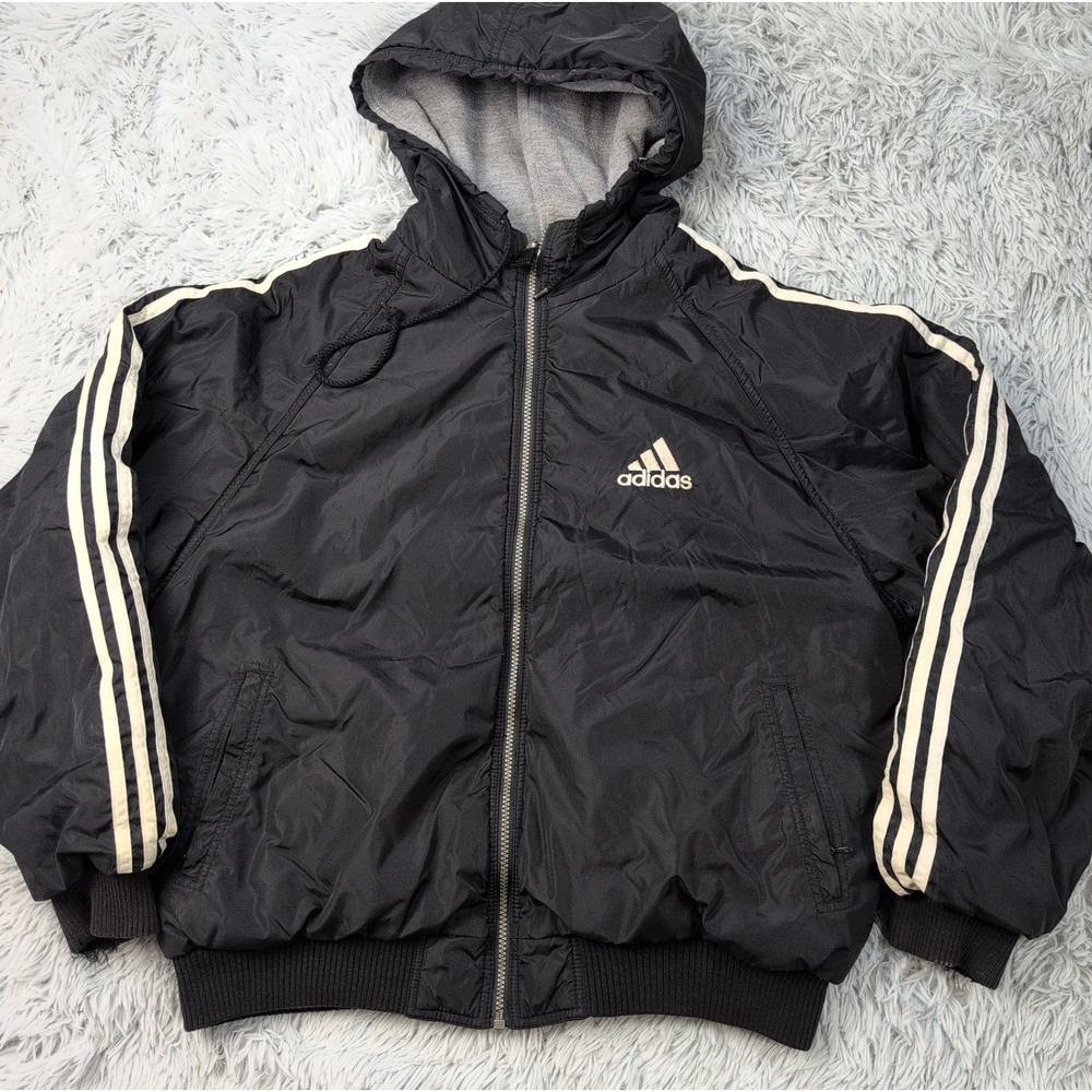 Vintage Adidas Jacket Mens M Black Hoodie Reversible Athletic Pockets Warm